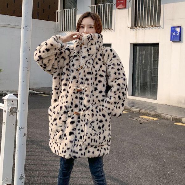 

women's fur & faux luxurious leopard print fake long coats super thicken winter warm jackets horn button plush overcoats 2021, Black