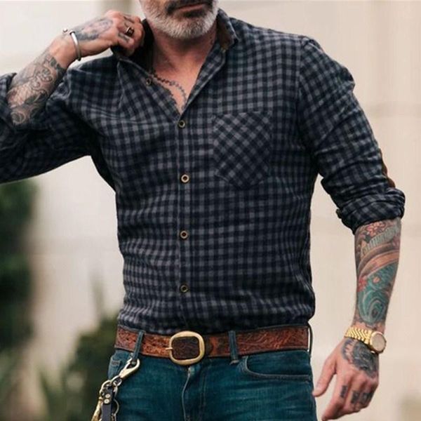 

men's casual shirts 2021 autumn plaid mens shirt long sleeve turn-down collar printing chemise fashion men slim vintage clothing, White;black
