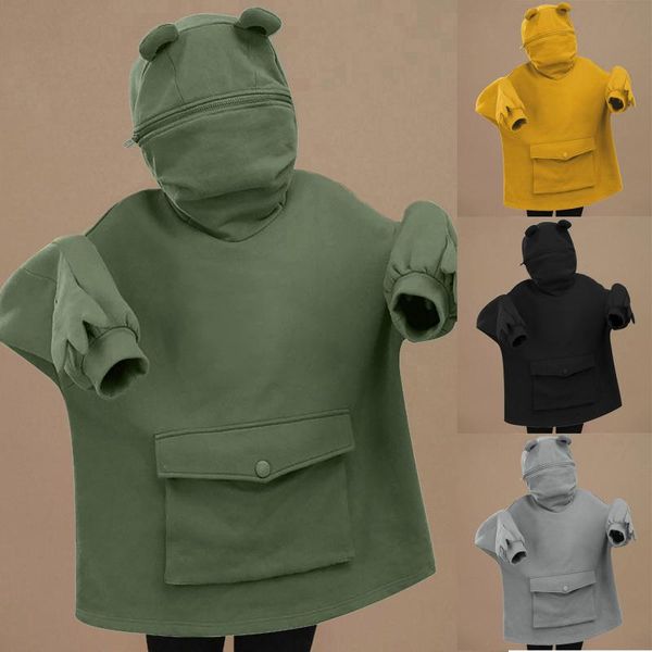 

women's hoodies & sweatshirts plus velvet sweatshirt women sweet japan creative stitching three-dimensional cute frogs pullover pocket, Black