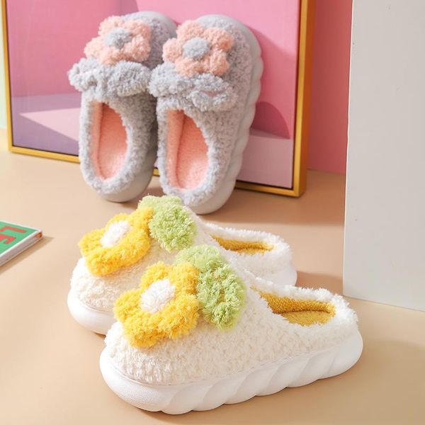 

slippers winter women home cotton warm plush platform slides cute hairy floral shoes non-slip fluffy furry high quality, Black