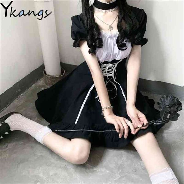 

japanese lolita gothic puff sleeve dress girl patchwork kawaii lace-up mini vintage clothes summer es women 210421, White