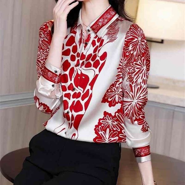 LDYRWQY camicetta allentata moda camicia di seta stampata rossa da donna maniche lunghe Office Lady con scollo a V 210416