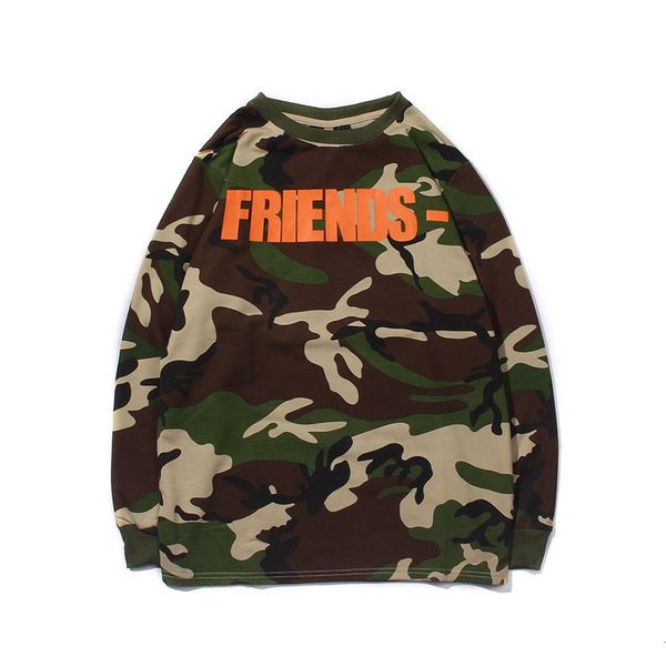 

fashion brand men's street friends green camouflage youth big v long sleeve t-shirt, Black