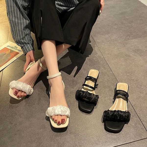 

sandals summer slippers female elegant ladies high heels square open toe slides party shoes women, Black