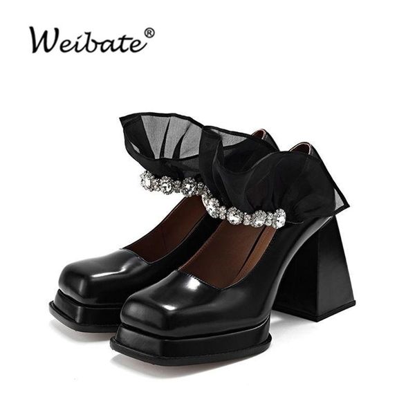 

dress shoes vintage mary jane women lace rhinestone buckle high heels thick heel square toe pumps 2021 ins recommend, Black