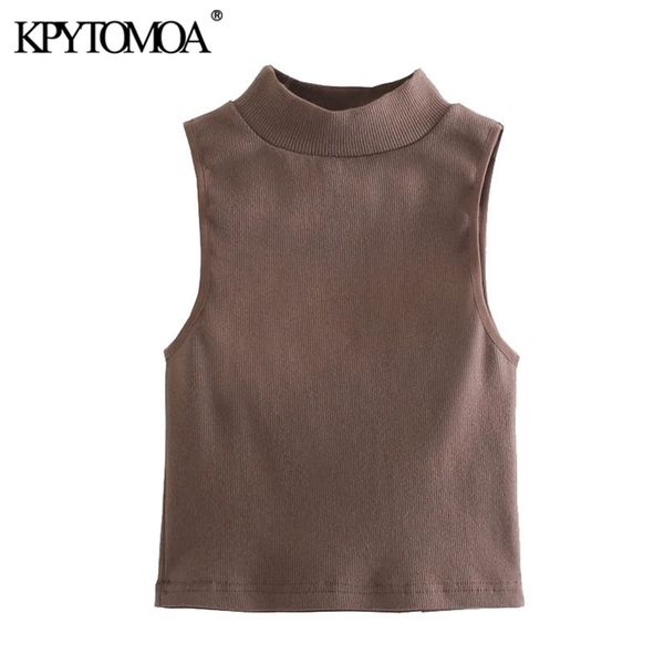 

women fashion stretch slim ribbed knit tank vintage high neck sleeveless female camis mujer 210421, White