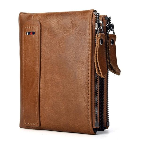 

wallets men cowhide double zipper clutch wallet cash clip coin pocket holder oil wax genuine leather small purse money bag, Red;black