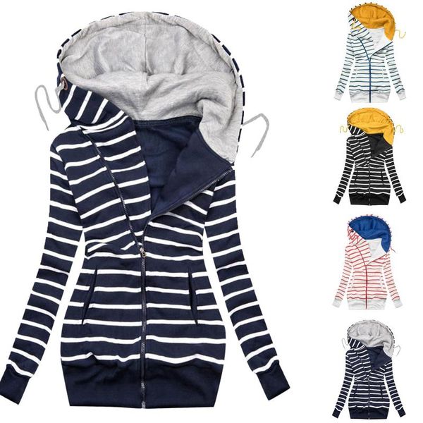 

women's jackets autumn winter women fashion striped printed hooded zipper pocket sweatshirt long sleeve coat outwear chaqueta mujer#g3, Black;brown