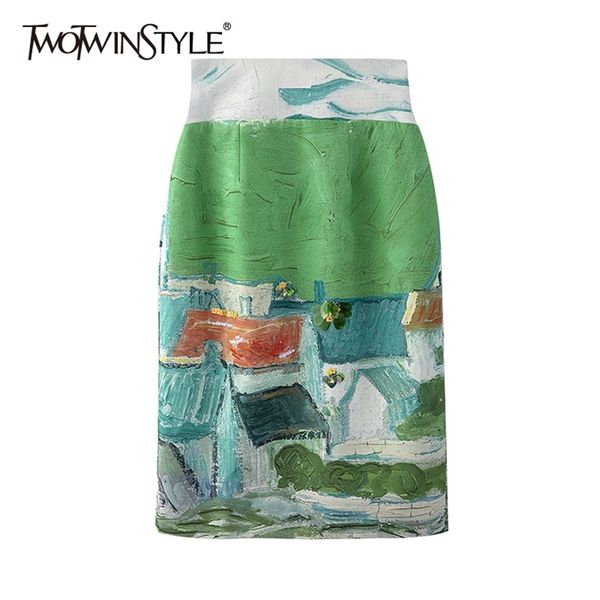 

vintage print skirt for women high waist back split elegant slim midi skirts female summer fashion clothes 210521, Black