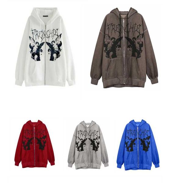 

men's jackets jacket fleece hooded street casual graffiti angel print letter embroidery harajuku hip hop, Black;brown