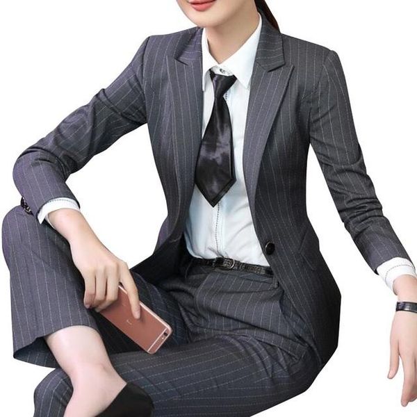 Abiti da donna Blazer Moda invernale Donna Pantalone a righe Completo formale da lavoro Manica lunga Giacca slim e pantaloni da ufficio Taglie forti W