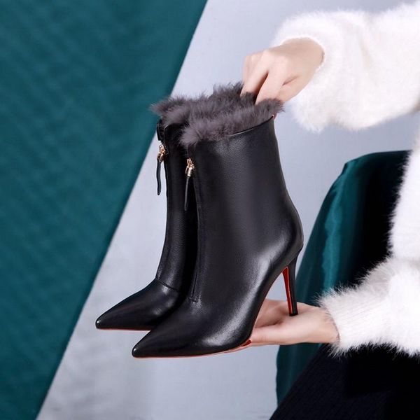 

boots classic women ankle woman shoes high heels two wear zipper fur red zapatos de mujer sole 2021, Black