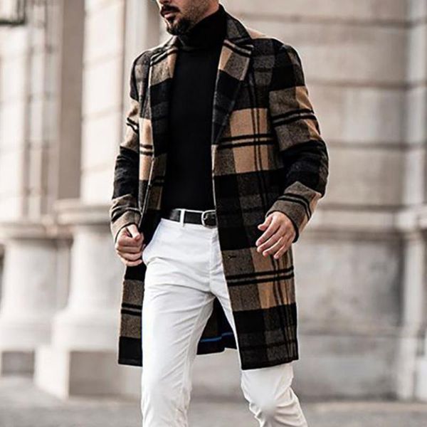 

men's wool & blends autumn woolen coat casual fashion retro trend style long-sleeved plaid print suit collar warm thick top, Black