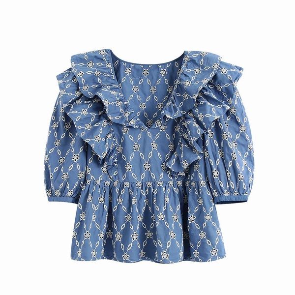

women's blouses & shirts embroidery blouse women summer 2021 fashion ruffle v-neck modern girl pullover, White