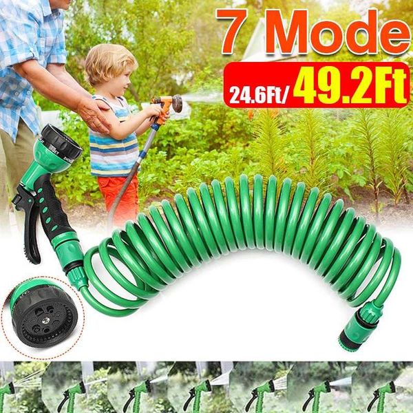 

7.5m flexible coiled spiral garden car washing clean water hose with spray nozzle for household wash watering equipments