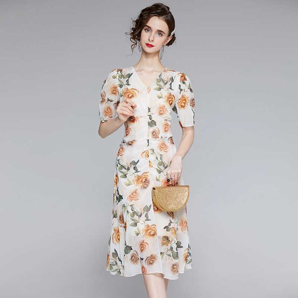 

women summer designer elegant floral ruched v neck slim wedding party robe femme vintage print midi dress vestidos 210525, Black;gray