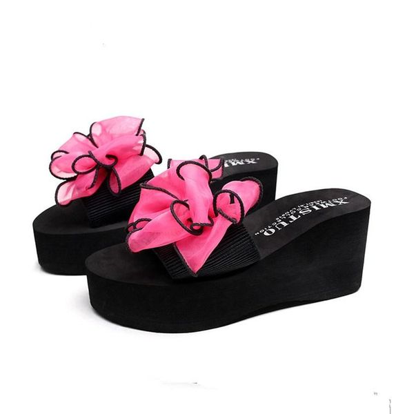 

slippers bowtie woman beach flip flops summer sandals wedges slip- resistant platform women shoes high heels comfort, Black