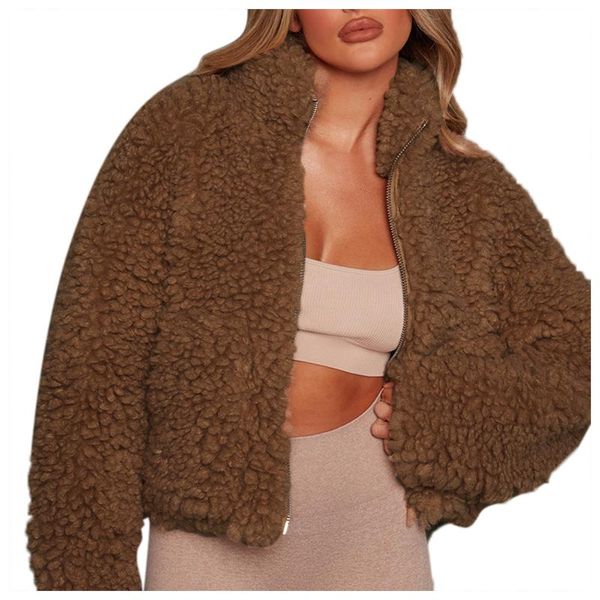 

women's jackets winter solid color long sleeve zipper plush cardigan stand collar cropped jacket lamb wool coat fall clothes veste femm, Black;brown