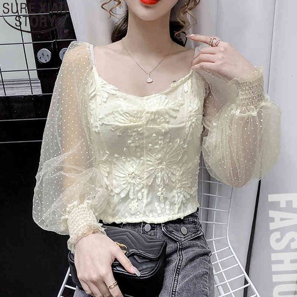 

autumn korean fashion polka dot lantern blouse mesh spliced shirt slash neck long sleeve shirts chemisier 11420 210417, White