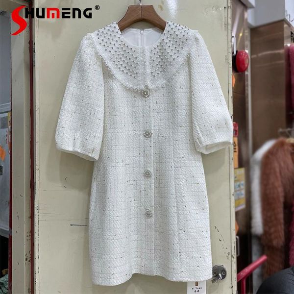 

casual dresses 2021 autumn women's korean style diamond decorative lapel woven tweed dress ladies fashion retro elegant thick mini, Black;gray