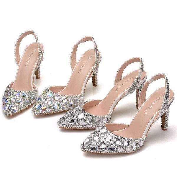 

women sandals wedding party banquet pu rhinestones buckle strap 9cm thin high heels pointed toe sandal shoes size 35-42, Black