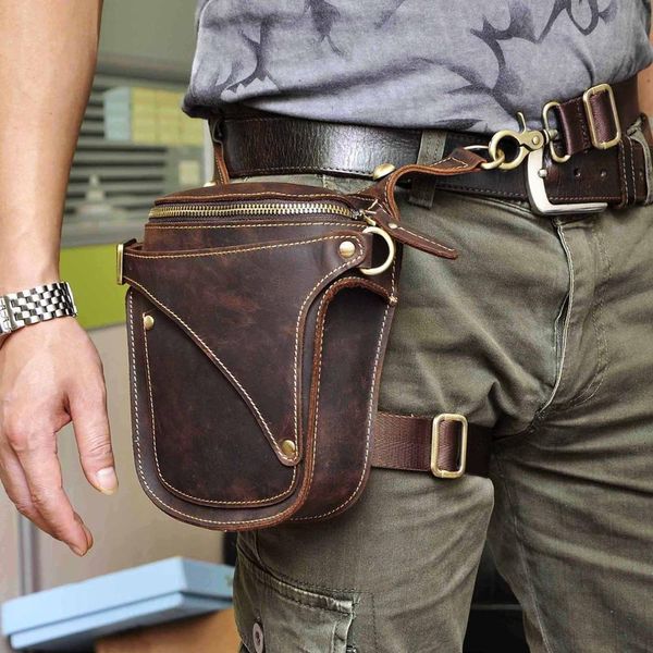 

fashion crazy horse quality leather 7" motorcycle riding drop leg bag design travel fanny belt waist pack case 9326-d