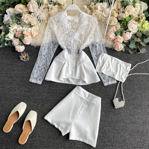 

women's blouses & shirts women fashion scheming perspective lace stitching + high waist a- line shorts two-piece sets n579 k1, White