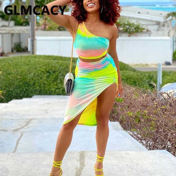 

two piece summer beach suits one shoulder crop & mini skirt set 210702, White