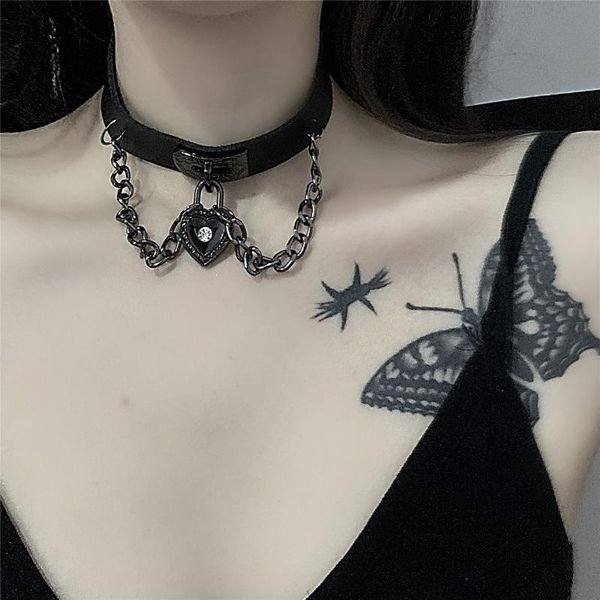 

chokers black metal gothic heart chain adjustable choker necklace collar punk women cosplay pu leather jewelry accessories, Golden;silver