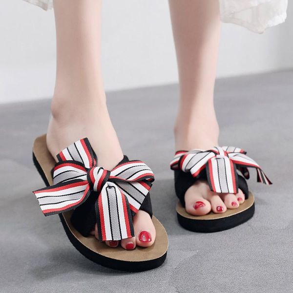 

bowknot women's slippers open toe non-slip women shoes casual round flip-flops flat summer beach holiday lady, Black