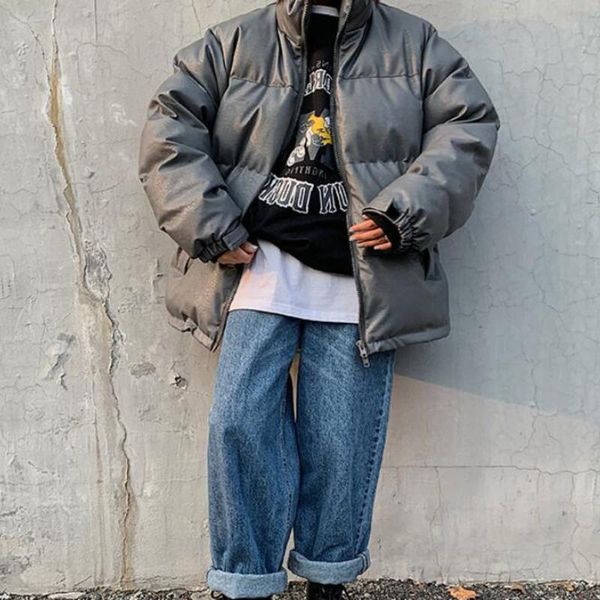 

men's down & parkas winter thick leather jacket warmth fashion casual stand-up collar motorcycle men streetwear coat mens parka, Black