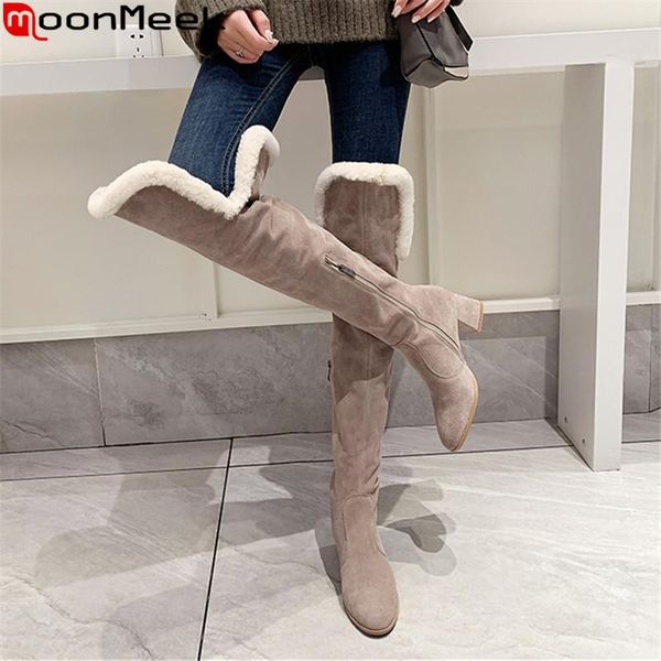 

boots moonmeek 2021 arrive genuine leather winter shoes fashion thick high heels round toe over the knee for woman, Black