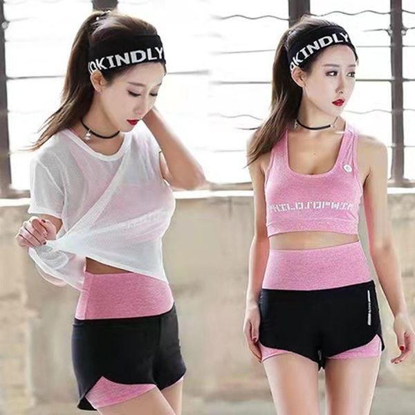

gym clothing women's sports three-piece shorts bra short-sleeve quick-dry breathable high-stretch yoga running slimming bodysuit tracks, White;black