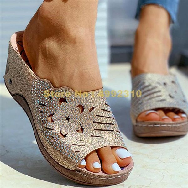 

slippers wedges heels platform hollow out crystals summer sandal shoes, Black