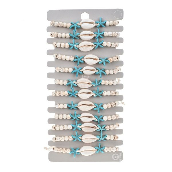 12-teiliges Modeschmuck-Charm-Armband-Set, verstellbare Muschel-Türkis-Holzperlen, Seestern, gewebtes Armband, Tier-Design, Holzperlen, Schmuck, Geschenke für Frauen