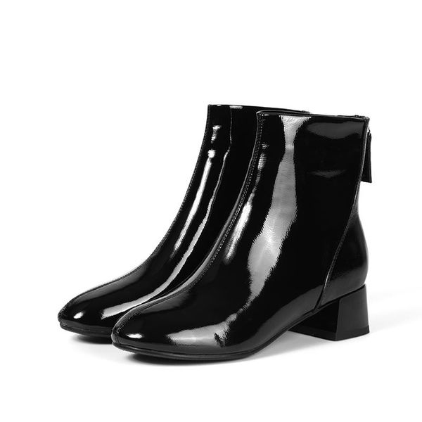 

boots woman's ankle round toe back zipper square heels patent leather short handmade warm elegant lady shoes, Black