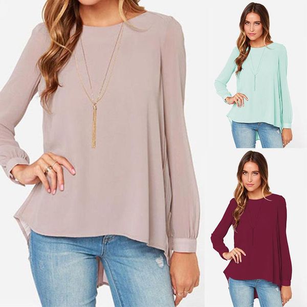 

women's blouses & shirts plus size 5xl 2021 spring summer ol chiffon shirt female round neck long sleeve back fold design blouse, White