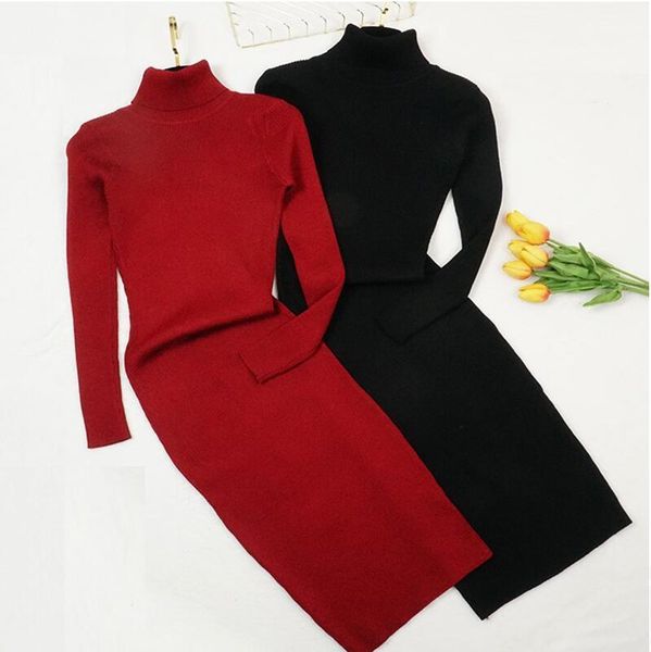 

casual dresses autumn winter women knitted elegant turtleneck sweater lady slim bodycon long sleeve bottoming dress vestidos wsim, Black;gray