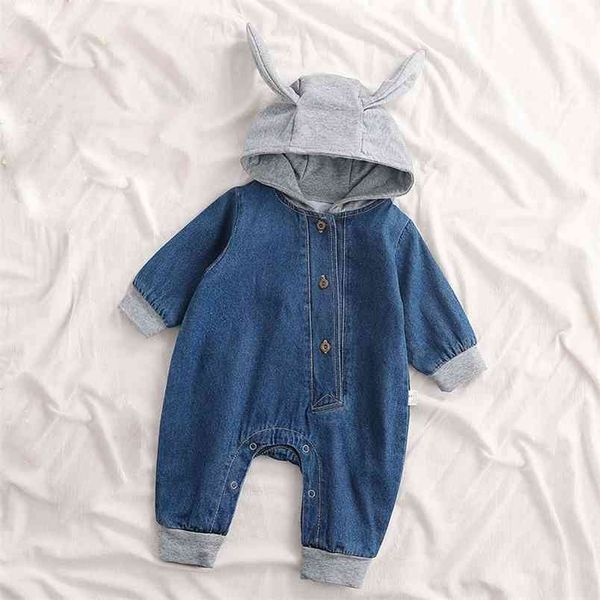 

denim jumpsuit spring baby girl clothes overalls for kids romper bodysuit with hood boy toddler cothes 210528, Blue