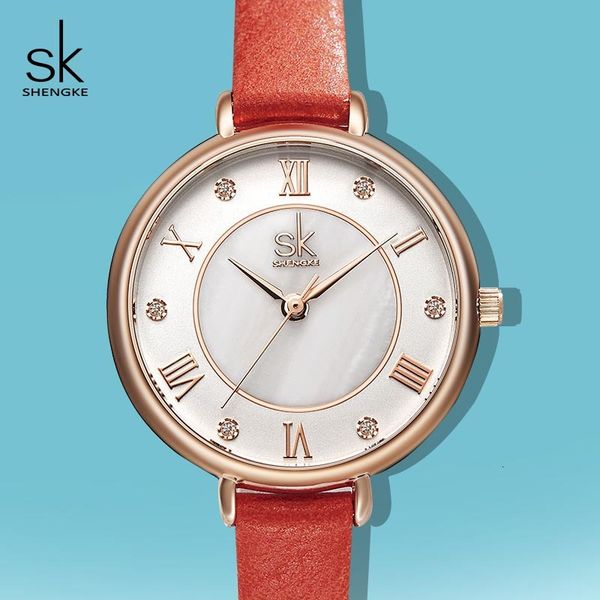 

shengke new simple fashion women's belt quartz watch, Slivery;brown