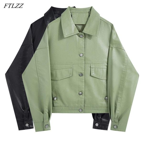 

women's leather & faux ftlzz spring autumn women casual loose jacket locomotive street outwear green single breasted bf style pu coat, Black