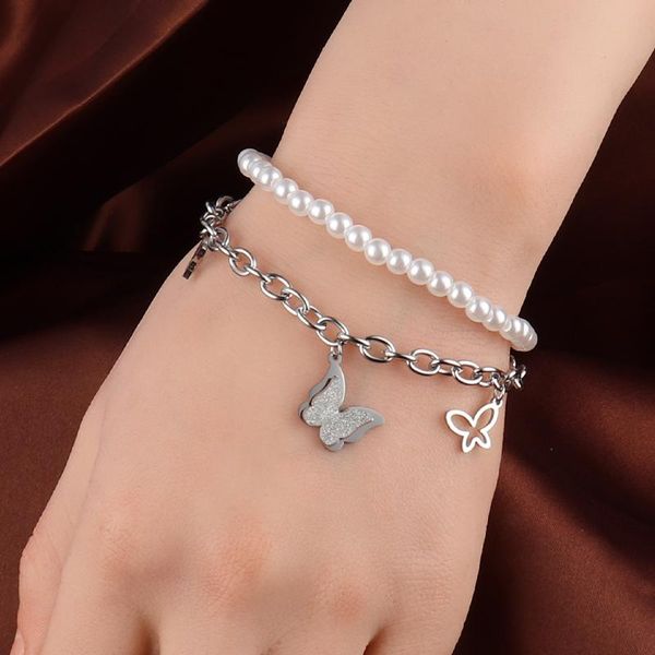 

charm bracelets stainless steel pearl for women fashion multilayer beaded leaf star pendant lovely butterfly party jewelr, Golden;silver