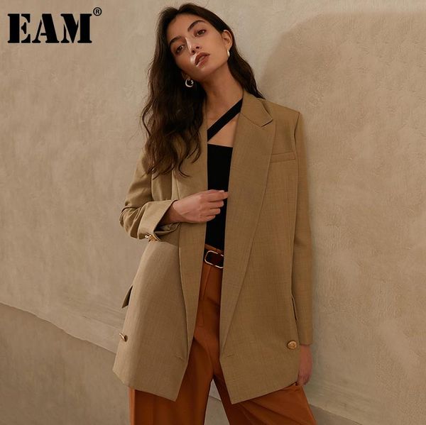 

[eam] women khaki brief temperament big size blazer lapel long sleeve loose fit jacket fashion spring autumn 2021 1dd0288 women's suits, White;black
