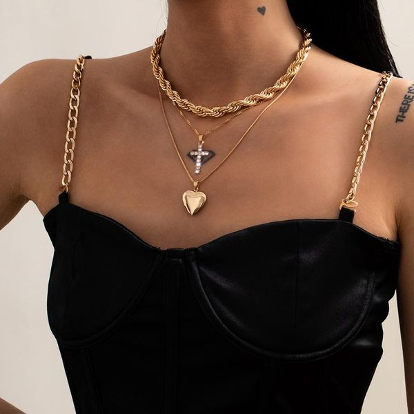 

punk twist necklace women multilayer cross pendant rhinestone thick chain statement choker love street clavicle jewelry necklaces, Silver