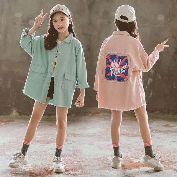 

4-16yrs baby girls green denim jackets pink cartoon jeans coat spring and autumn new girls teenage outwear cotton clothes, Blue;gray
