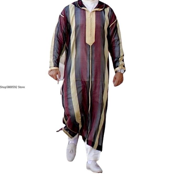 

ethnic clothing 2022 muslim striped hooded robe men's casual long shirt loose t-shirt large size traditional dashiki man's clothes, Red