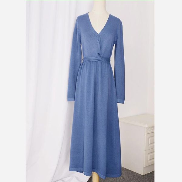 

casual dresses autumn and winter dress female v-neck dark buckle long-sleeved knit straps sweet lady solid, Black;gray