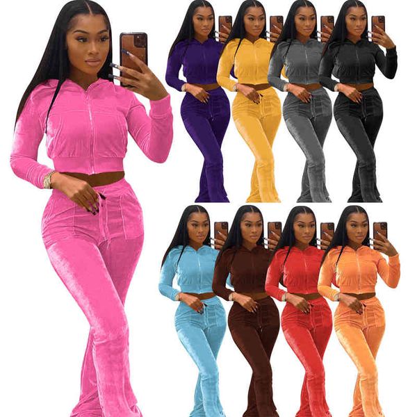 

women's tracksuits women velour hoodie sport two piece outfits pink velvet sweatsuits zipper pocket long sleeve jacket + bell wid leg p, Gray