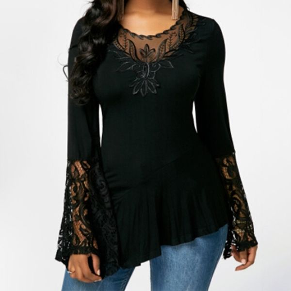 

fashion lace blouses flare sleeve shirts for womens shirt plus size women clothes irregular 2021 blusas female 5xl 4xl 3xl, White