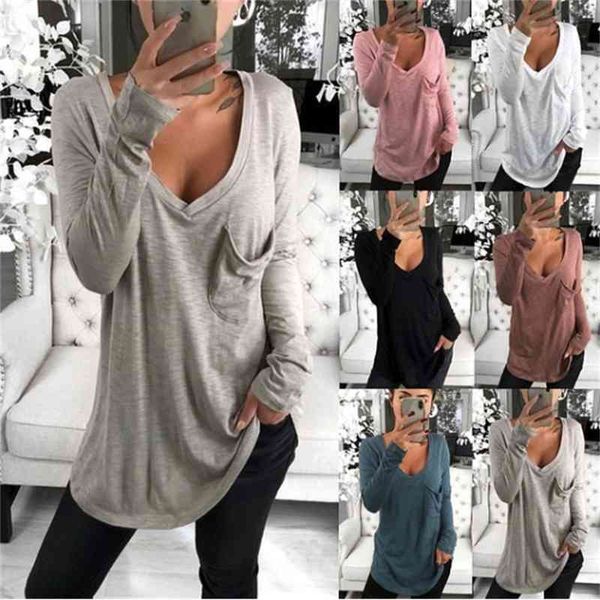 

2019 women's spring and autumn v-neck loose pocket casual long sleeve bottomed t-shirt, Black